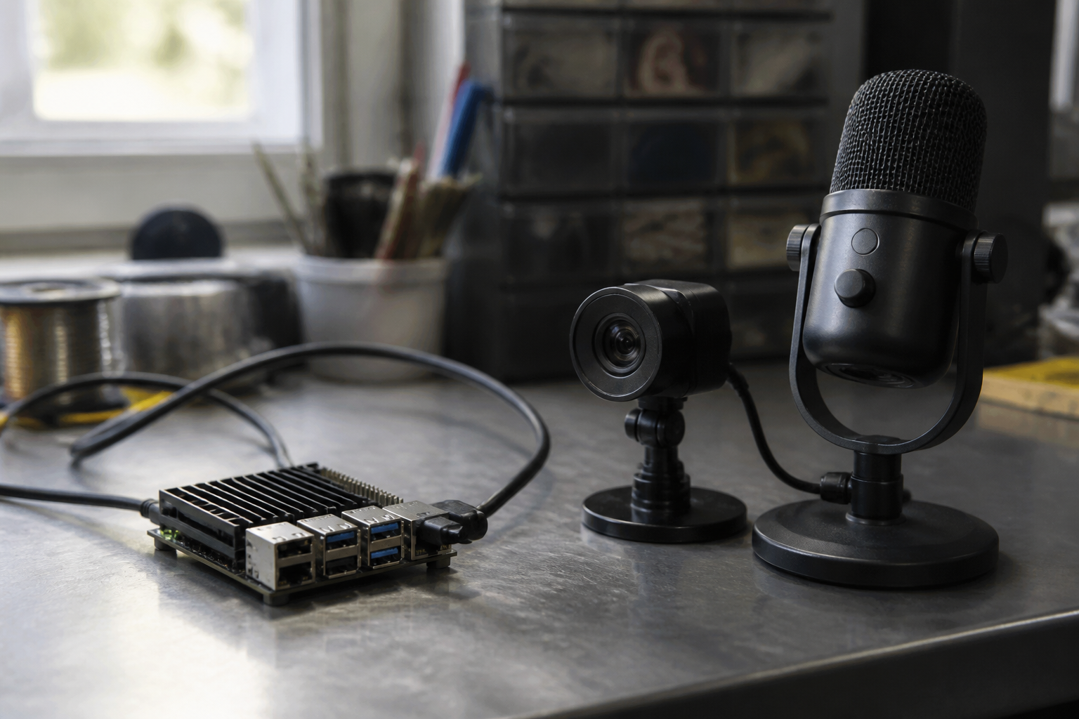 Single-board edge computer beside a compact USB camera and desktop microphone on a brushed metal workbench in soft window light