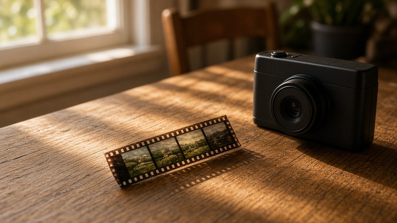 A short strip of 35mm film with four landscape frames on a sunlit oak desk beside a matte-black compact camera