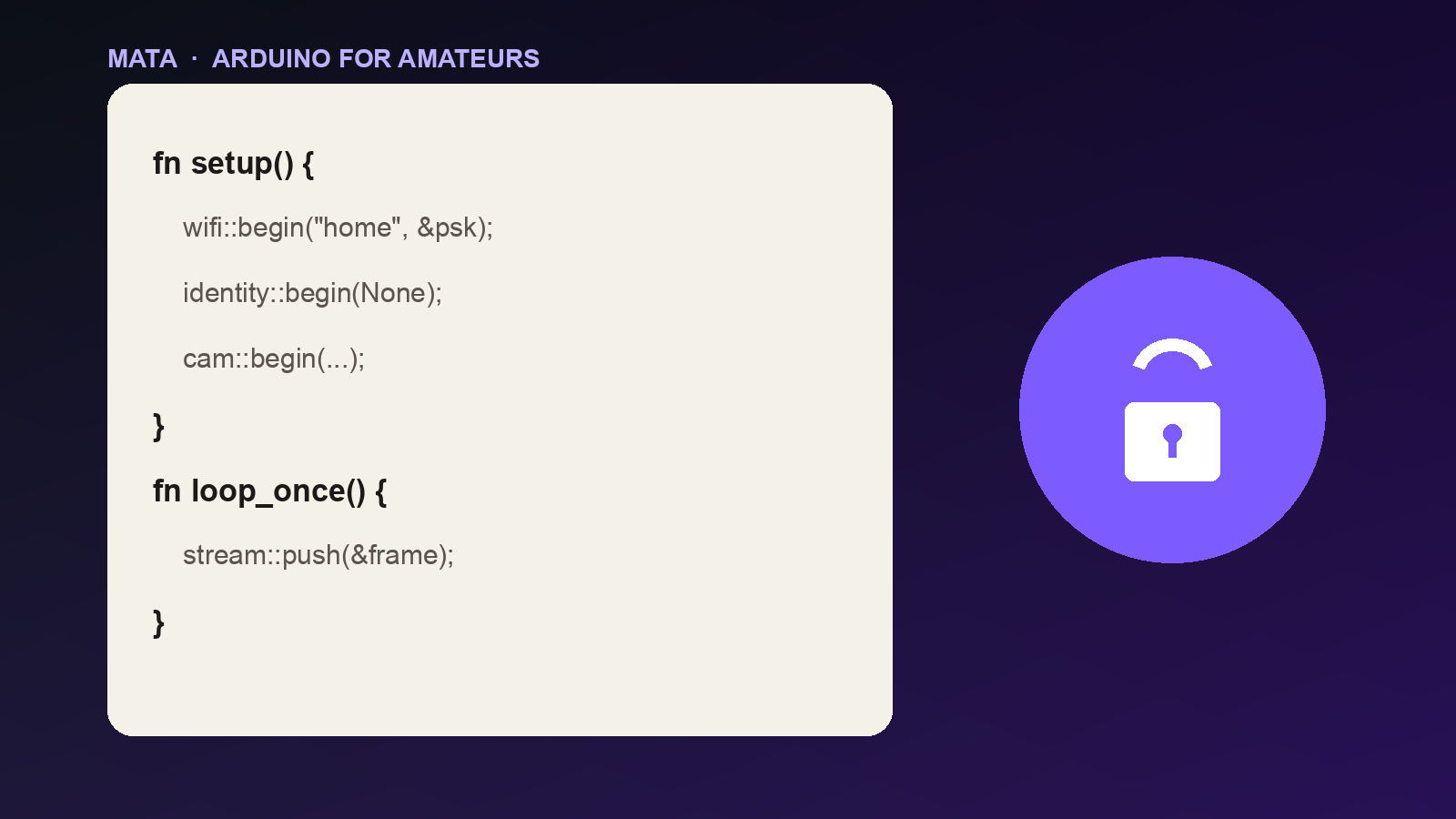 Dark title card with a pale code panel reading setup and loop beside a purple disc and a white padlock