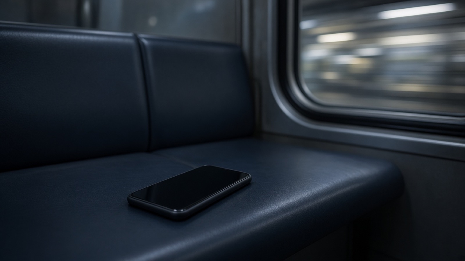 A dark smartphone with the screen off lying on a blue subway seat, tunnel light blurred past the window