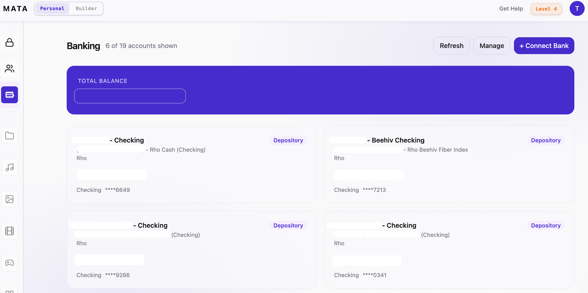 MATA desktop Banking screen with a purple total-balance banner and multiple connected checking account cards in one window