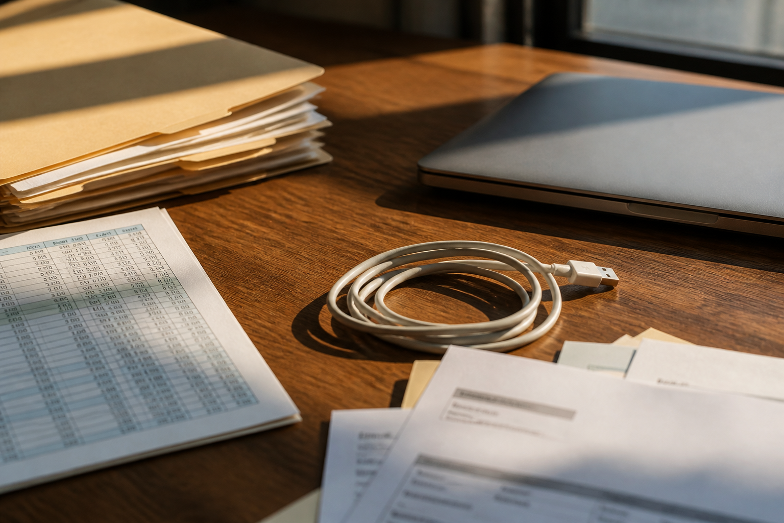 Stack of manila folders, printed invoices, and a closed laptop on a walnut desk in warm afternoon window light