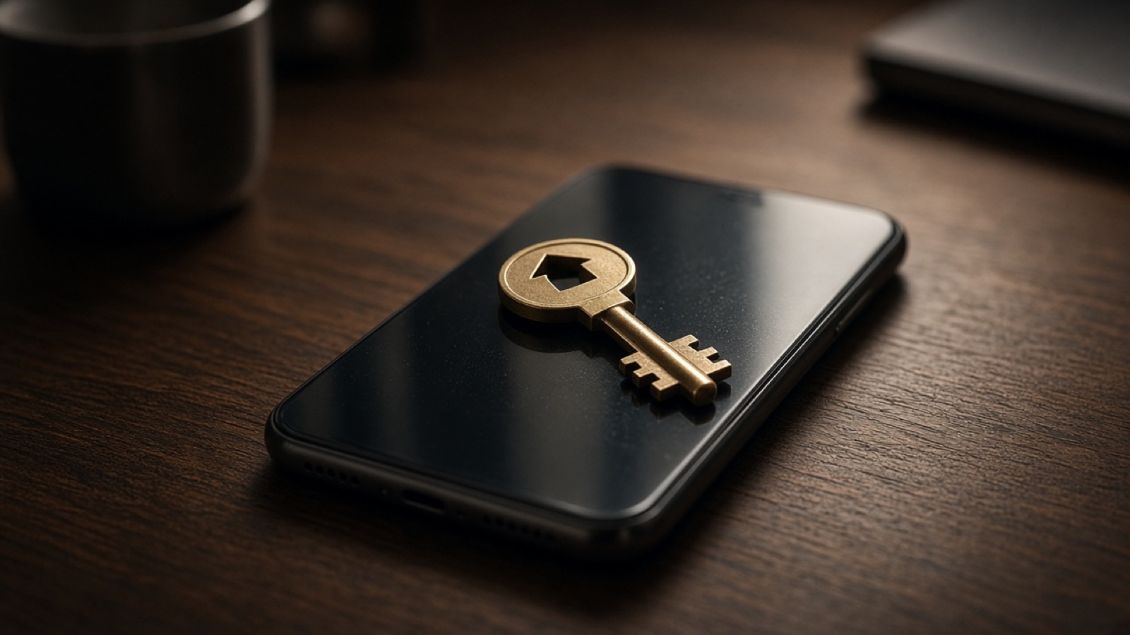 A brass house key lying on the dark glass of a smartphone on a walnut desk