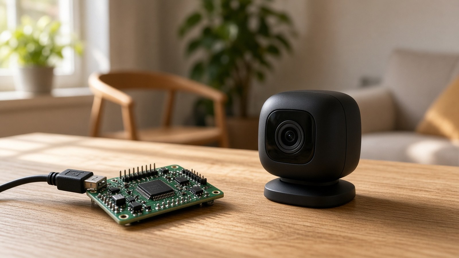 Green microcontroller board with a USB cable next to a matte-black camera on a sunlit oak desk