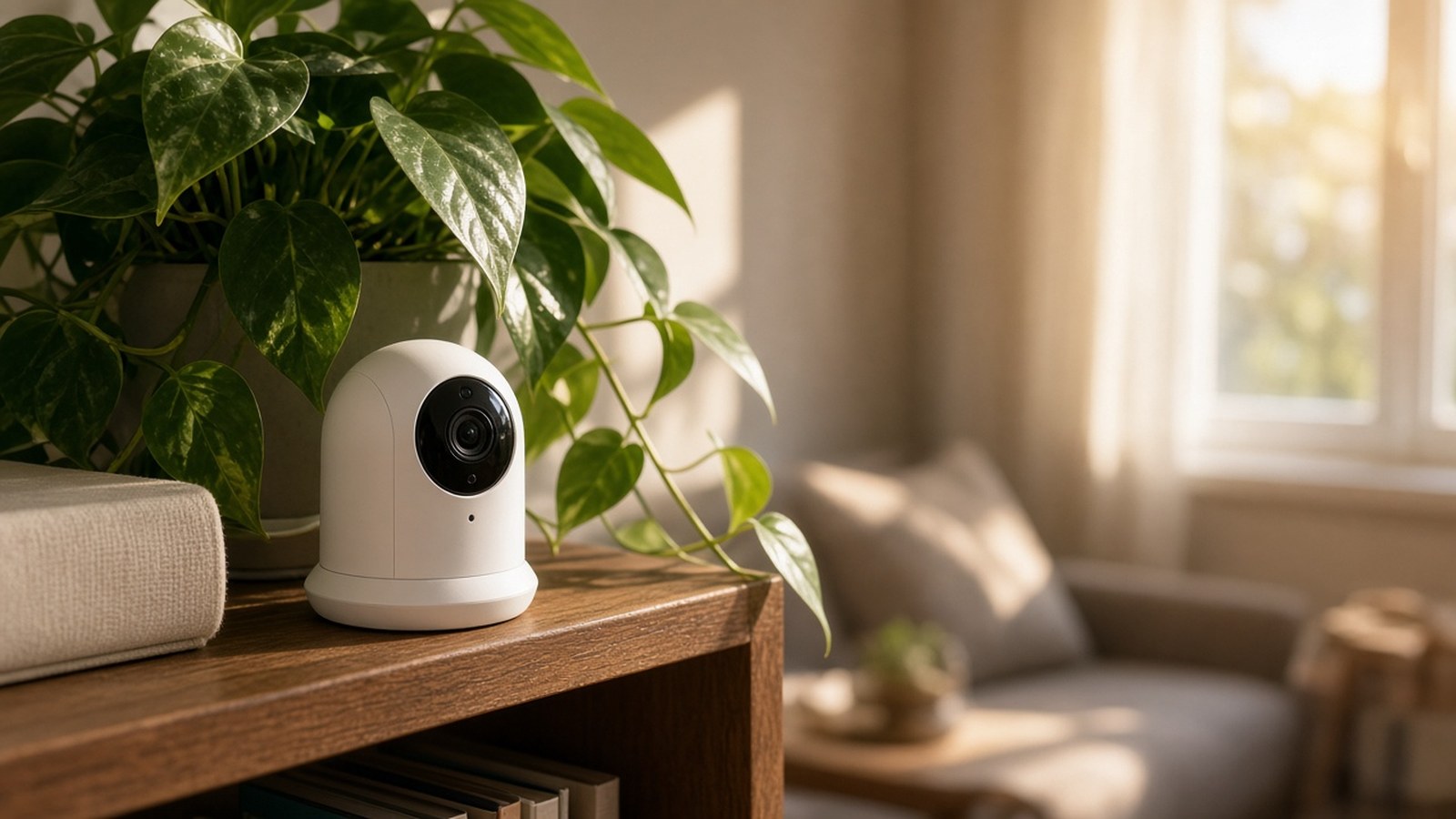 Small white indoor camera on a dark wood shelf beside a leafy houseplant, with a sunlit sofa behind it