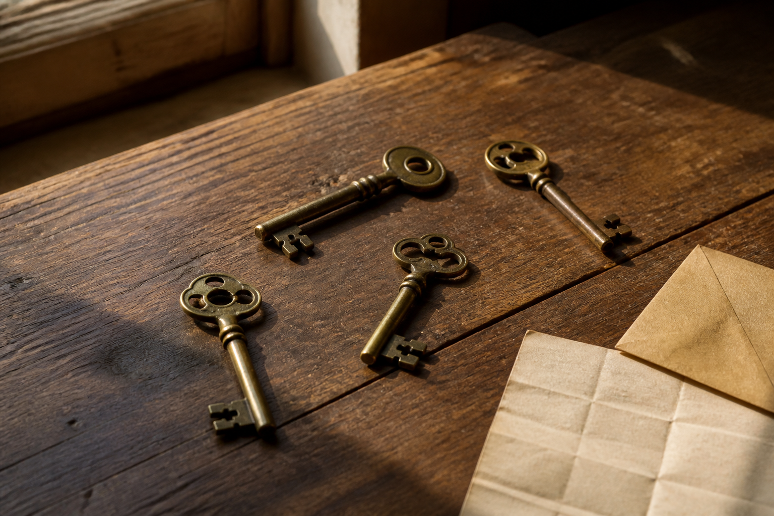 Four antique brass keys lying apart on a worn oak table in late-afternoon window light, with a folded note and a small envelope beside them