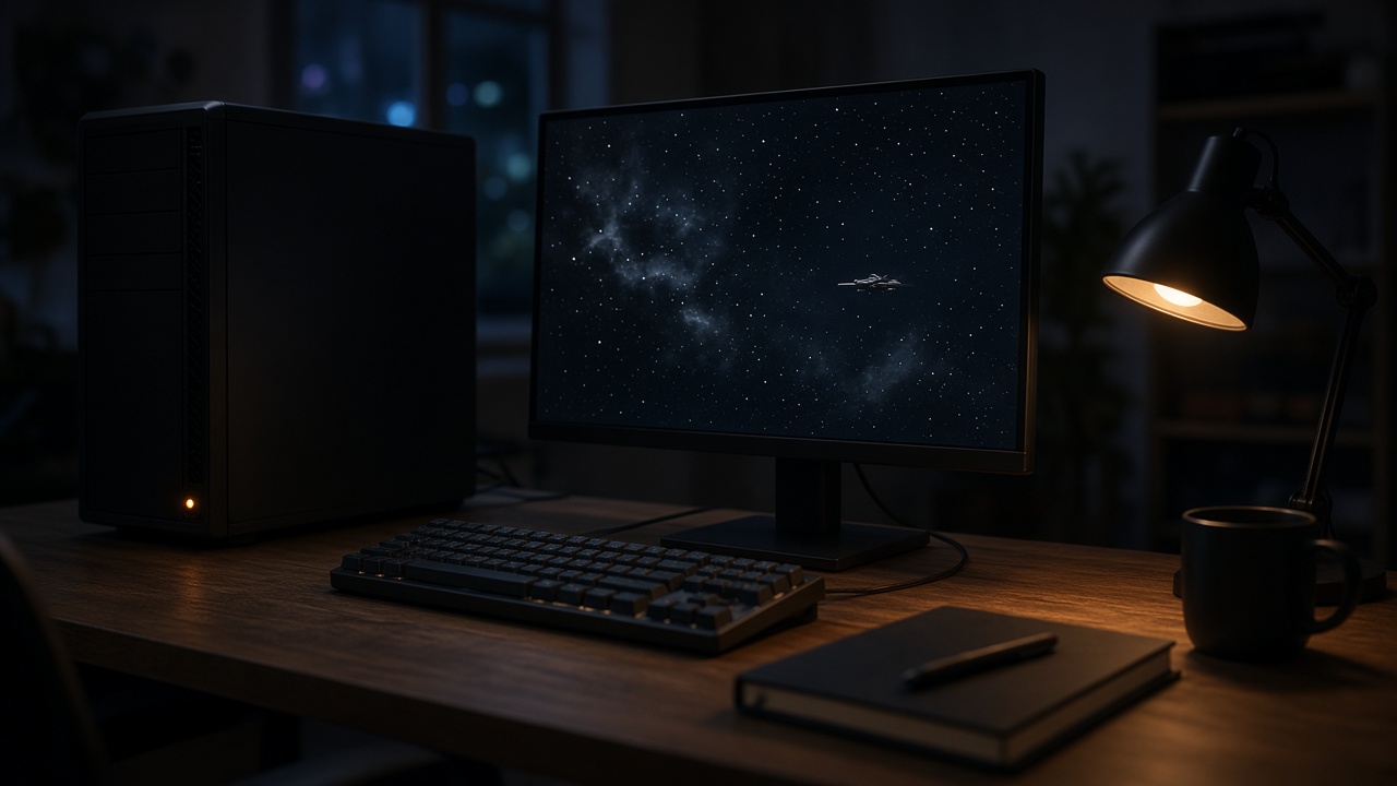 A wooden desk at night with a PC tower, a monitor showing a starfield and a small spacecraft, a keyboard, a notebook, and a lit desk lamp