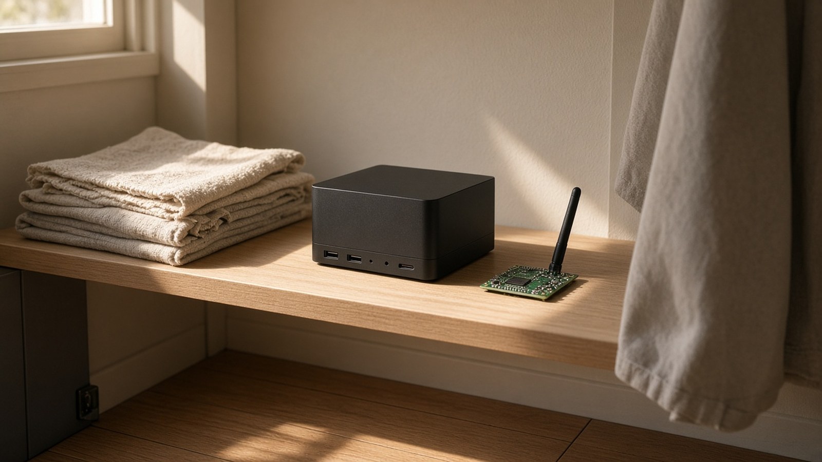A small black fanless computer and a green circuit board with an antenna on a sunlit oak shelf, beside folded towels and a linen curtain