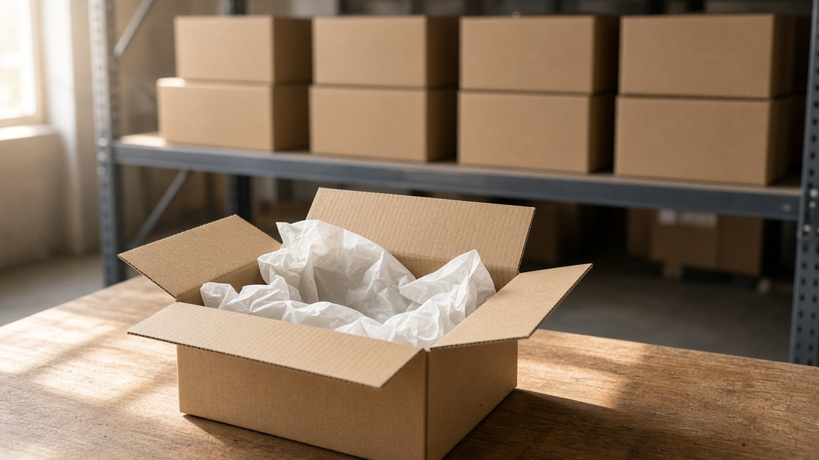 An open cardboard carton with crumpled white paper on a wooden table, closed cartons on a metal shelf behind it