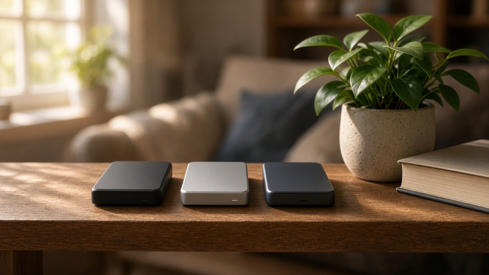 Three small external drives on a wooden living-room table beside a potted plant and a closed book