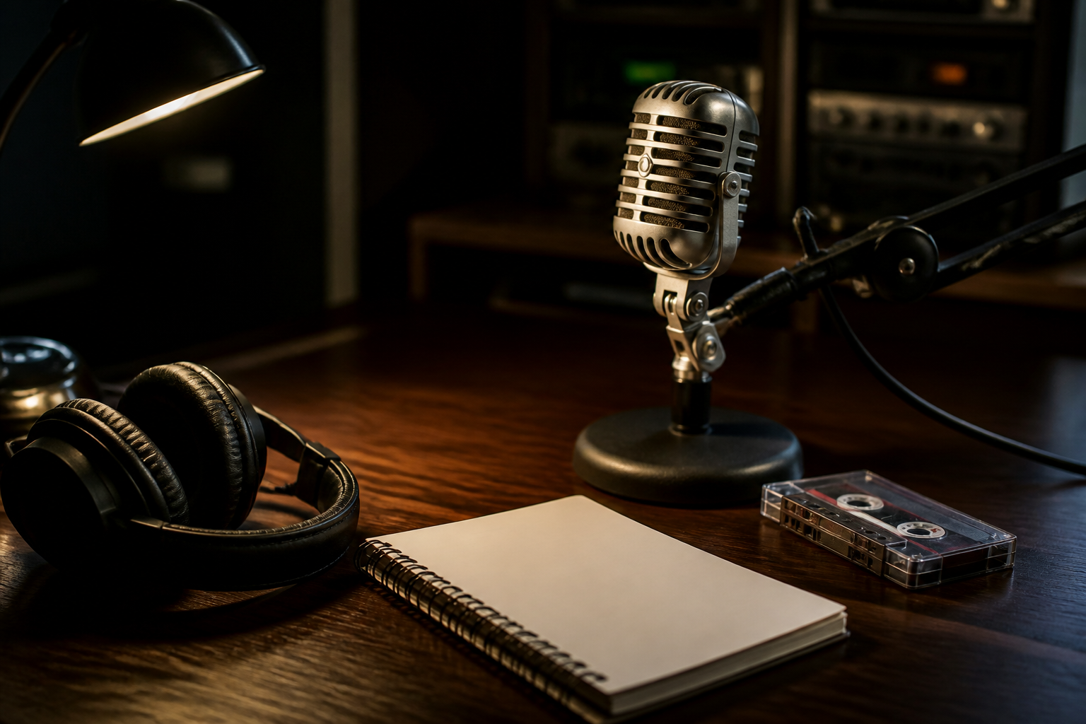 Vintage silver ribbon microphone on a boom stand on a dark walnut desk, next to a cassette tape, a blank spiral notebook, and over-ear headphones under a warm desk lamp