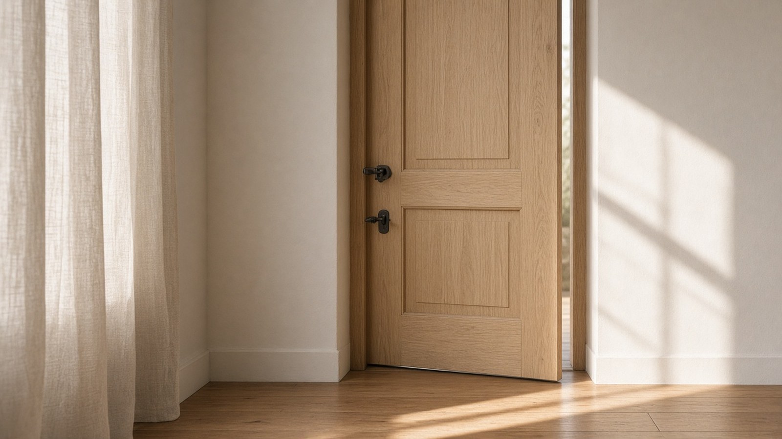 A pale oak door standing ajar in a sunlit entry, with a black lever handle, a black deadbolt, and a linen curtain at the left