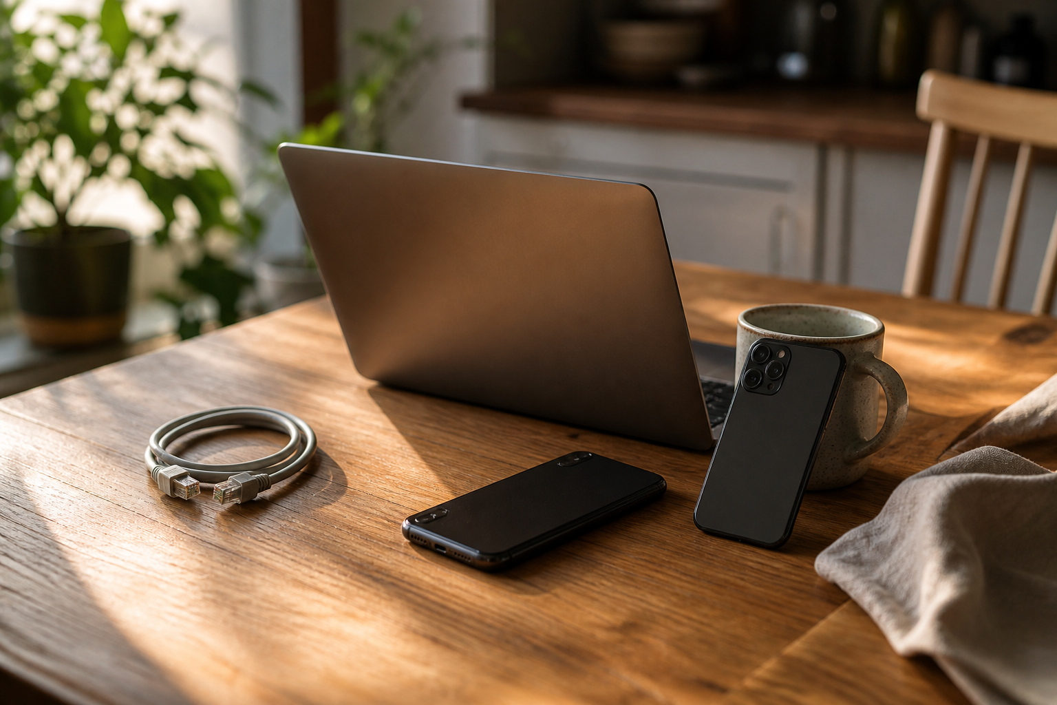 Three consumer devices on a wooden kitchen table in afternoon light: an open laptop facing away, a phone face-down, and a second phone leaning against a ceramic mug, with a coiled cable unused beside them
