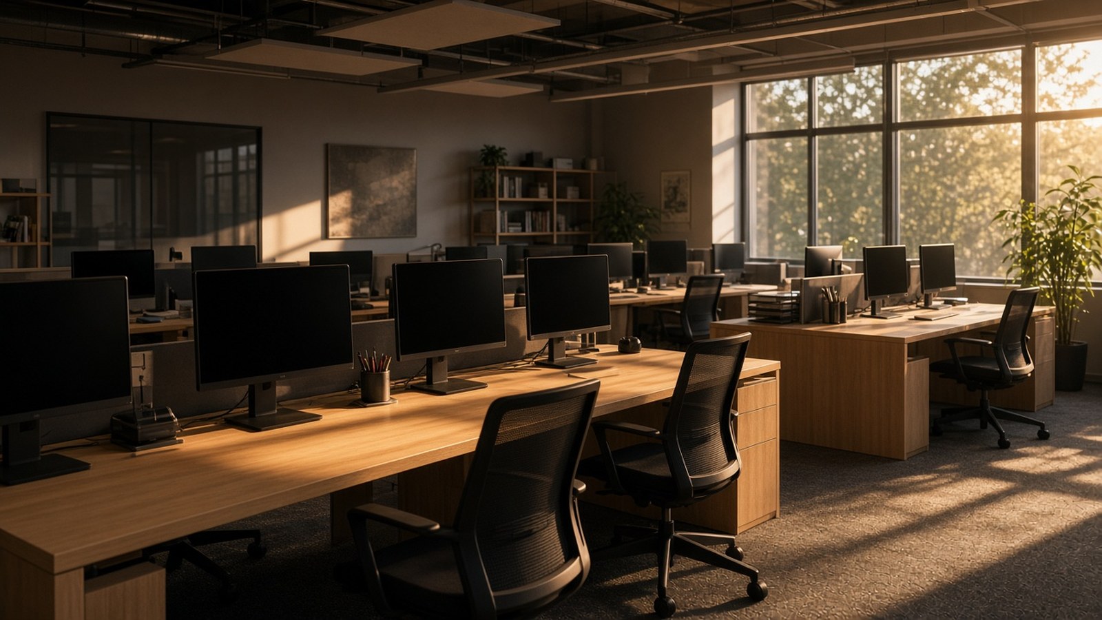Rows of dark monitors on wooden desks in an empty sunlit office, with black mesh chairs and a wall of windows