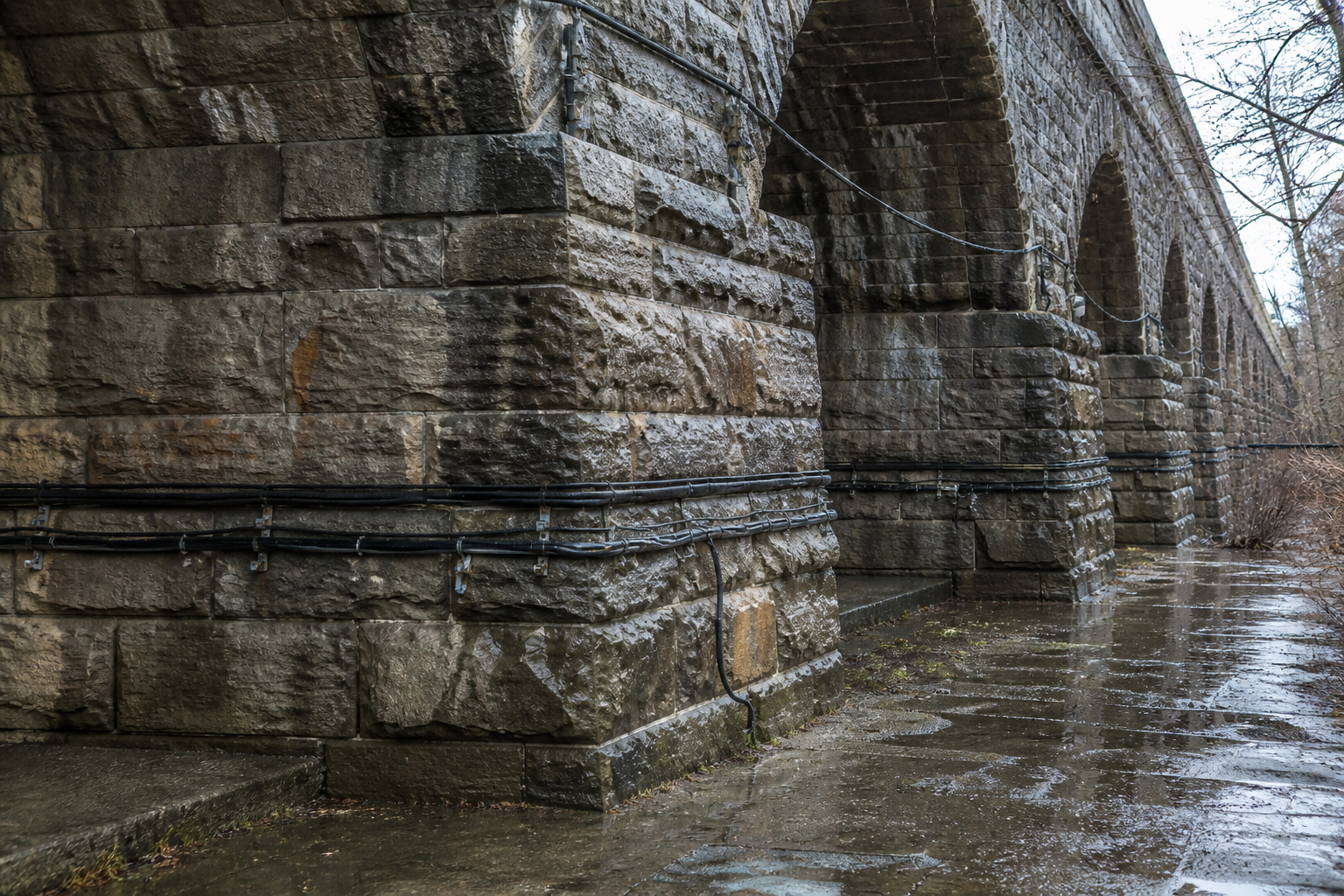 Wet stone arches and piers of an old masonry viaduct after rain, with dark utility cables running along the foundation courses under overcast light