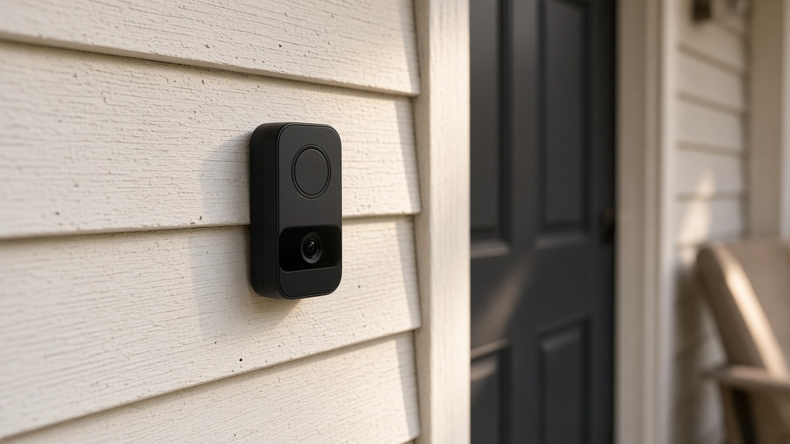 Matte-black doorbell camera mounted on pale horizontal siding beside a dark front door