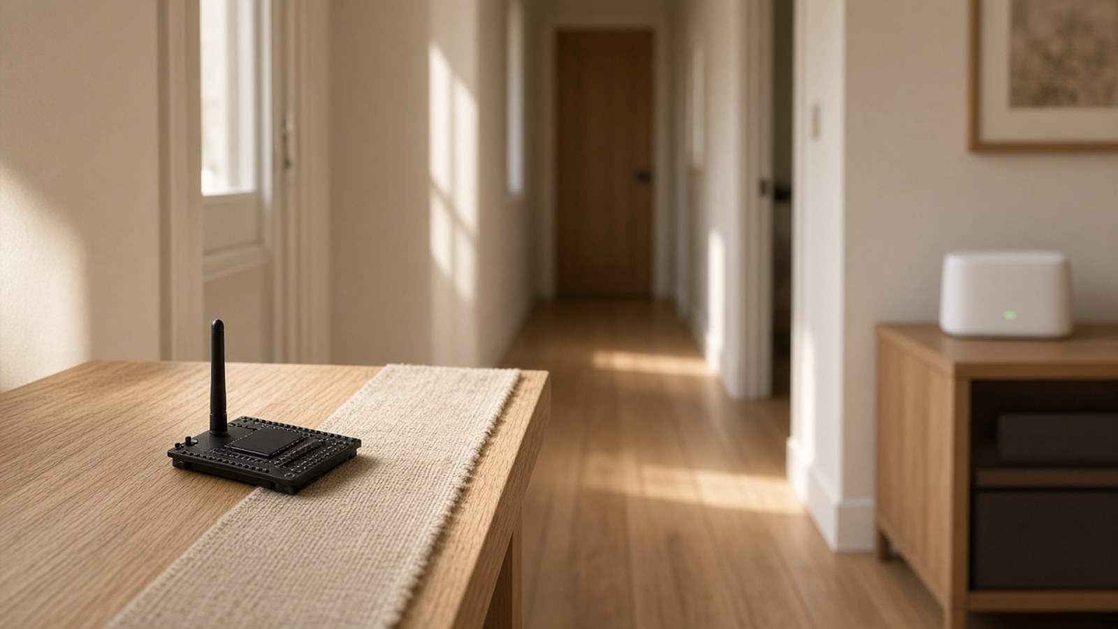 A small black board with a short antenna on an oak table in a sunlit hallway, with a white router on a cabinet farther down the hall