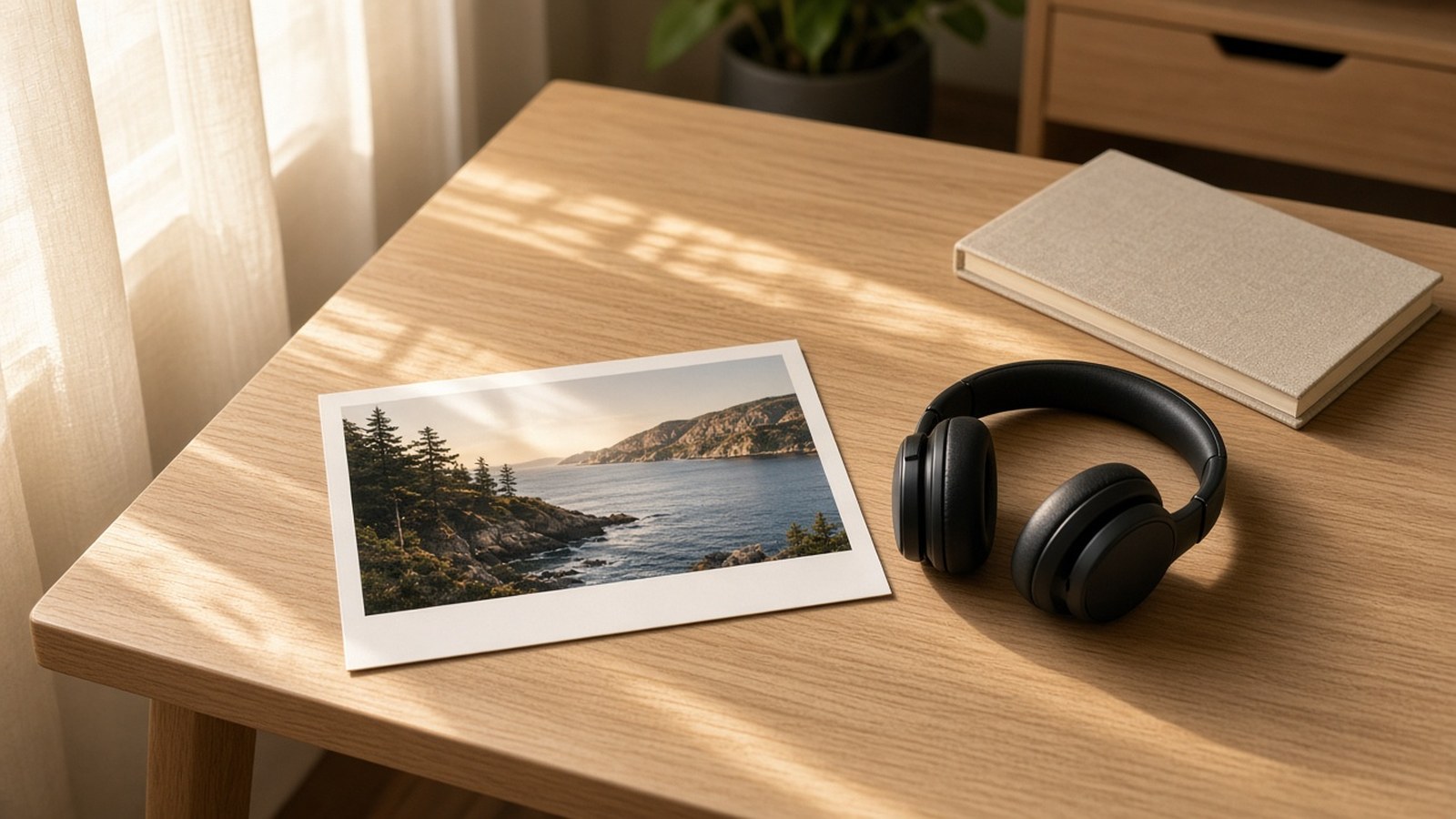 A coastal photograph print on a sunlit oak desk, with black over-ear headphones and a closed linen notebook beside it