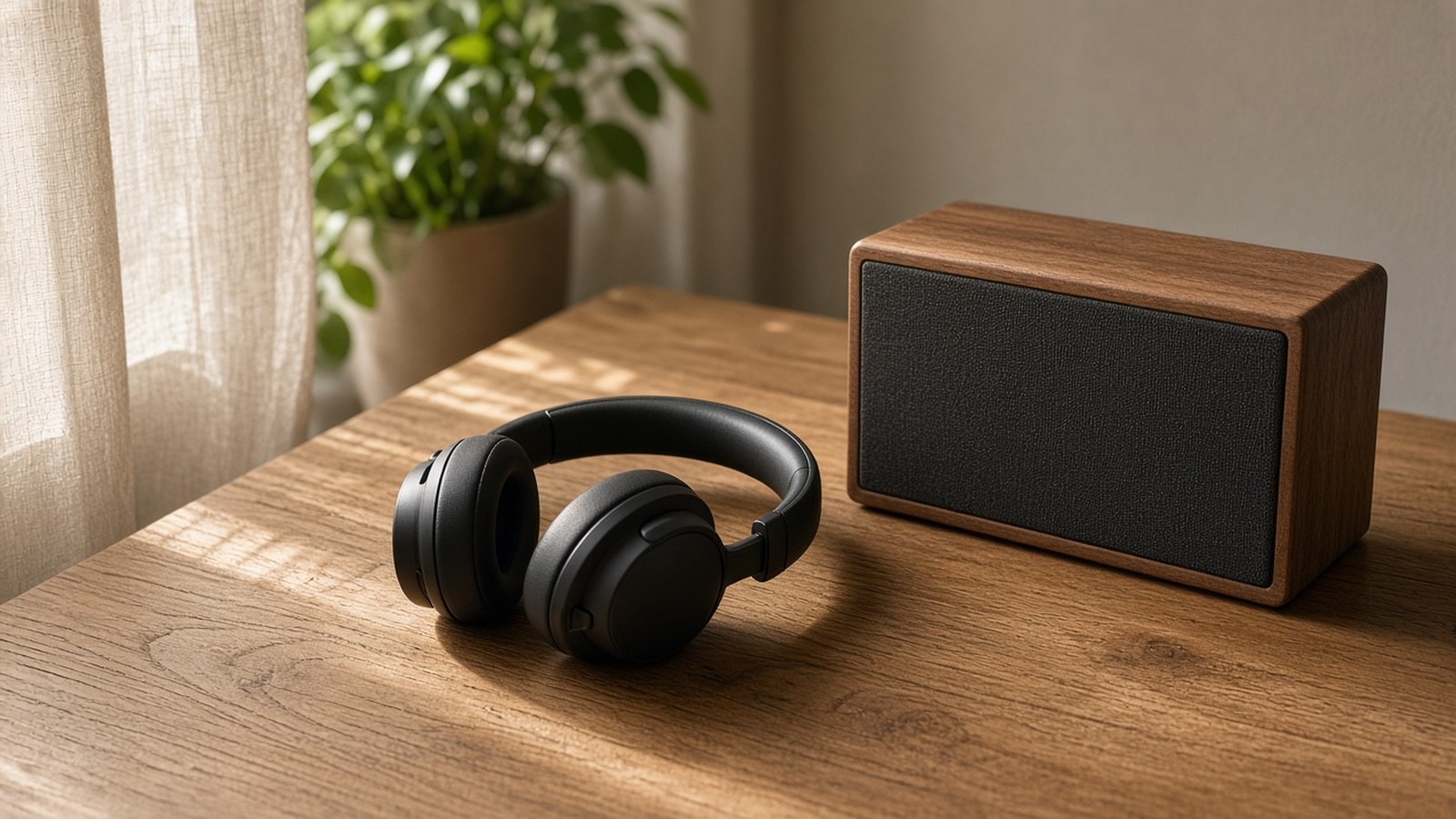 Black over-ear headphones on a sunlit oak desk, beside a walnut speaker with a black fabric grille, and a linen curtain at the left