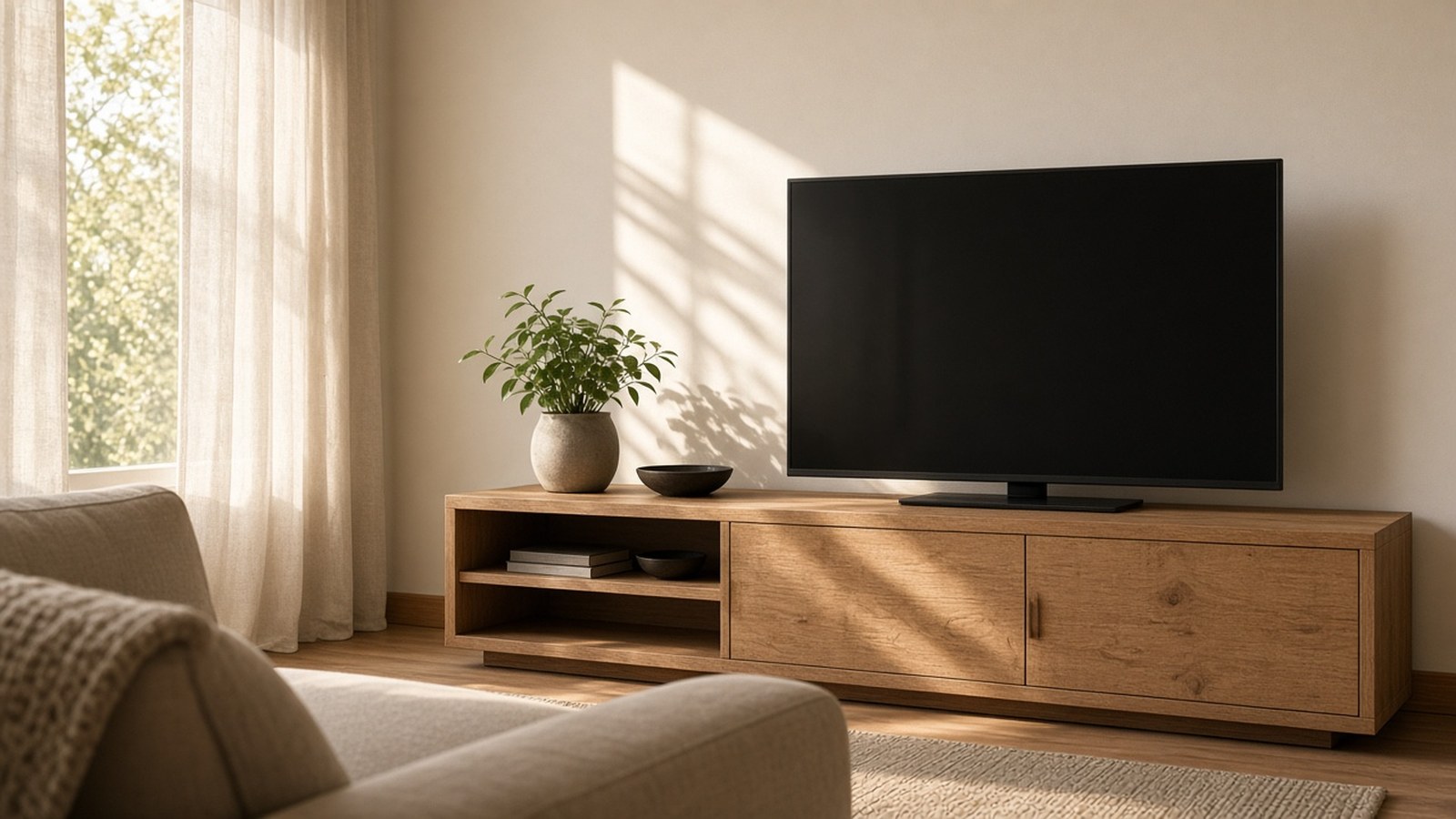 A black flat television with a dark screen on a long oak console in a sunlit living room, beside a potted plant and a linen curtain