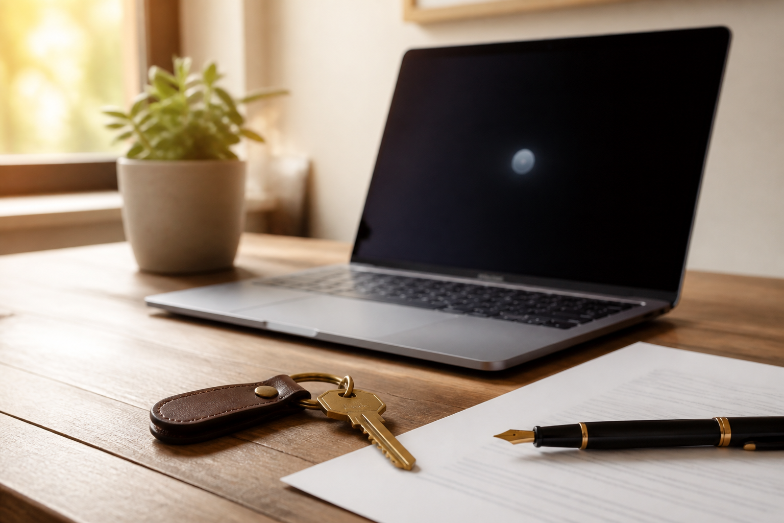 Brass house key on a leather fob beside an open laptop on a wooden desk, with a fountain pen and a sheet of paper in warm window light