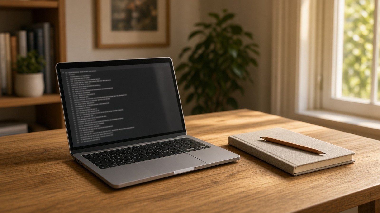 Silver laptop with a dark terminal on a sunlit oak desk, next to a linen notebook and a wooden pencil