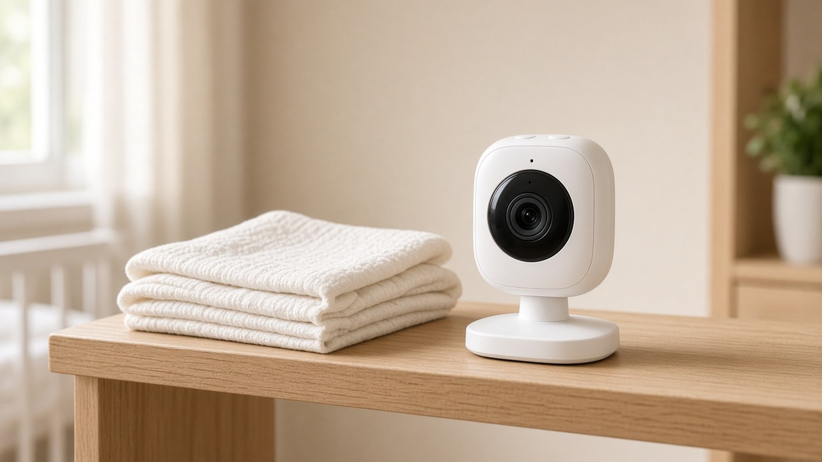White camera on an oak shelf beside a folded white blanket, with an empty crib soft in the background