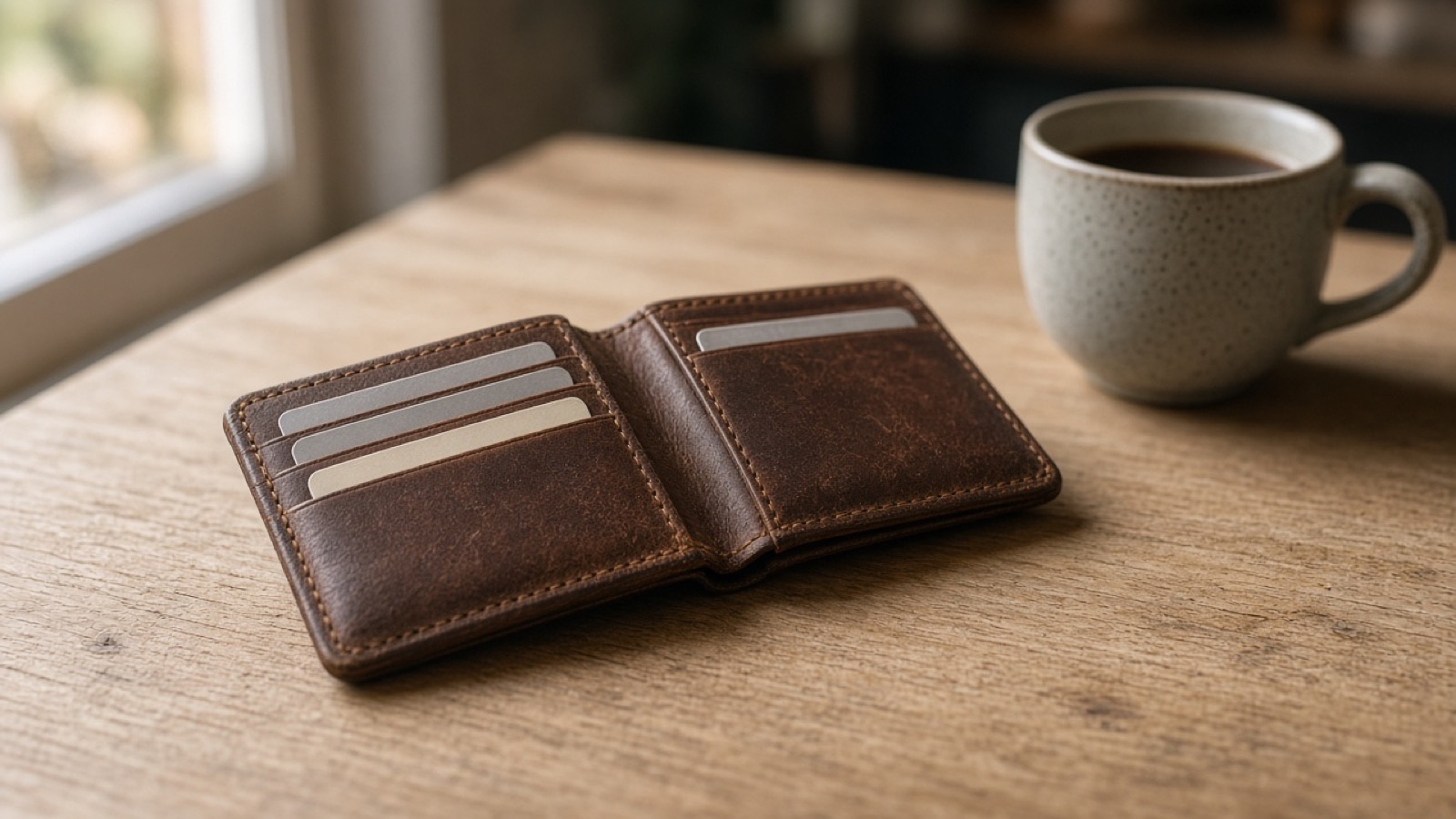 An open brown leather wallet with blank cards on a pale oak kitchen table beside a speckled coffee mug