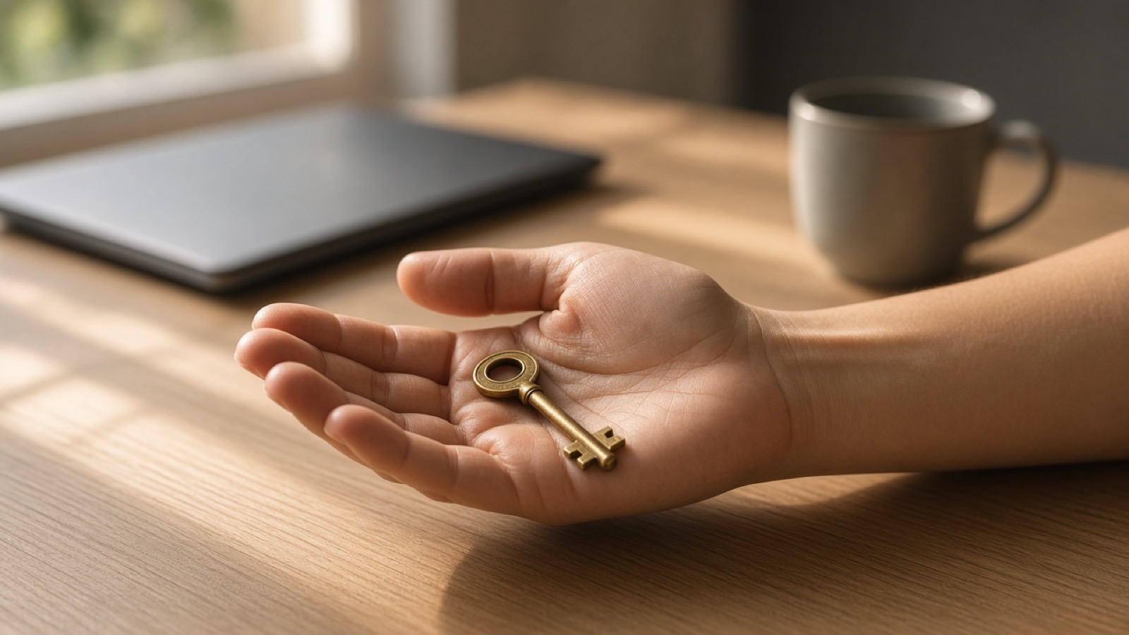An open palm holding a small brass key above a pale oak table, with a closed laptop and a gray mug behind it
