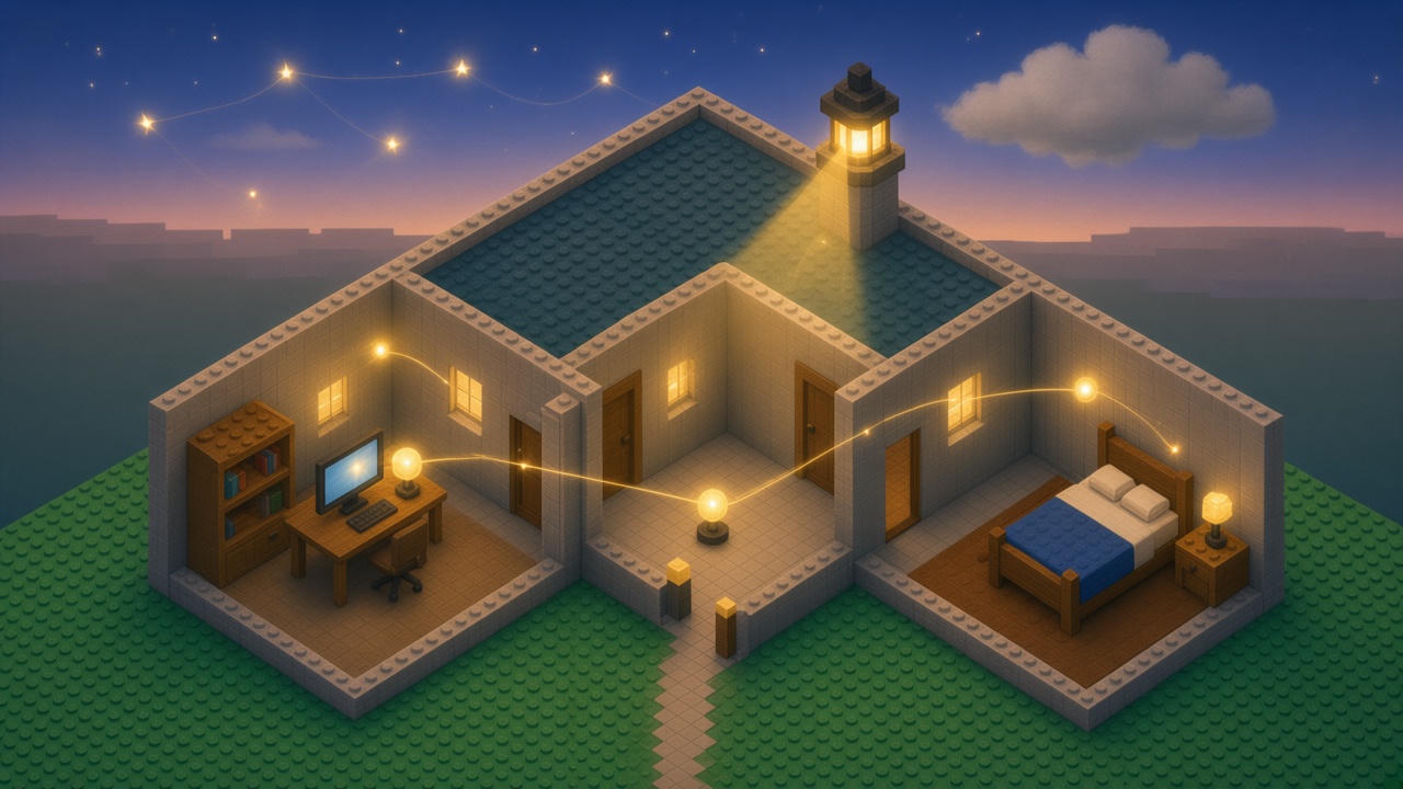 A cutaway of a family home at dusk. A computer glows in one room, small lamps glow in the hall and bedroom, and a lantern on the roof shines toward a cloud that stays outside.